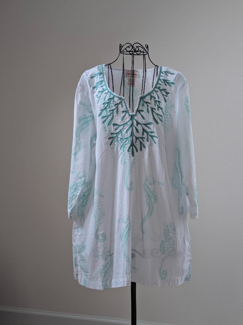 Toffee Apple Seahorse Embroidered Cotton Beach Cover Up XL Coastal